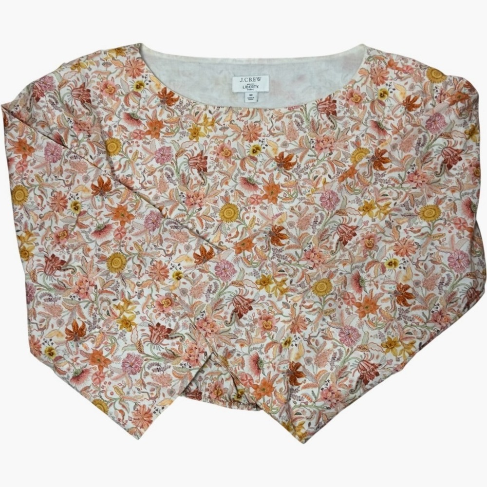 J. Crew Liberty Fabric Floral Print Cropped Blouse Top Orange Yellow Pink Boho M